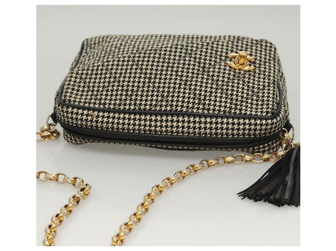 CHANEL Borsa a Spalla Matelassé con Catena Tela Bianca Nera CC Auth 120186V Nero Bianco - vista 6