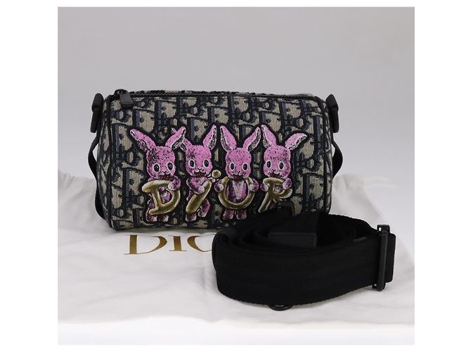 Borsa a spalla in tela obliqua Trotter Christian Dior in coniglio blu Auth 108919SM - vista 20