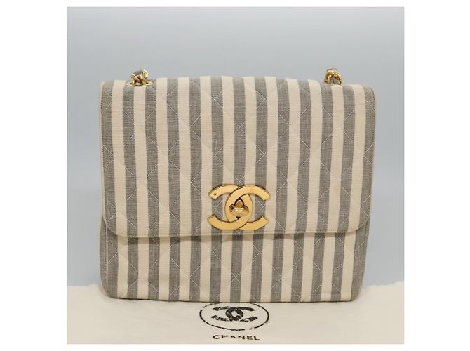CHANEL Borsa a Spalla Matelassé Striata in Tela Bianca Grigia CC Auth 110304SAV Marrone Bianco - vista 12