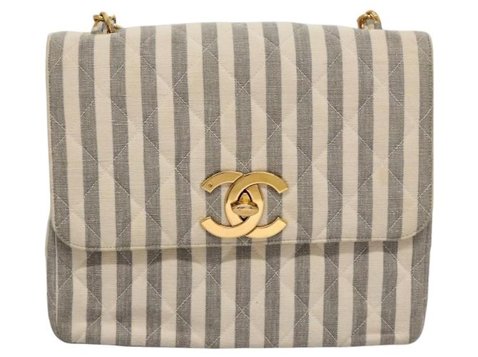 CHANEL Borsa a Spalla Matelassé Striata in Tela Bianca Grigia CC Auth 110304SAV Marrone Bianco - vista 13