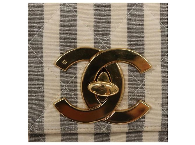 CHANEL Borsa a Spalla Matelassé Striata in Tela Bianca Grigia CC Auth 110304SAV Marrone Bianco - vista 20