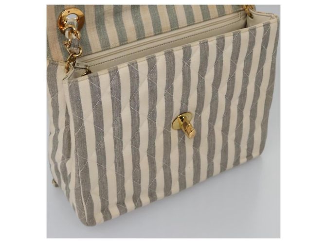 CHANEL Borsa a Spalla Matelassé Striata in Tela Bianca Grigia CC Auth 110304SAV Marrone Bianco - vista 23
