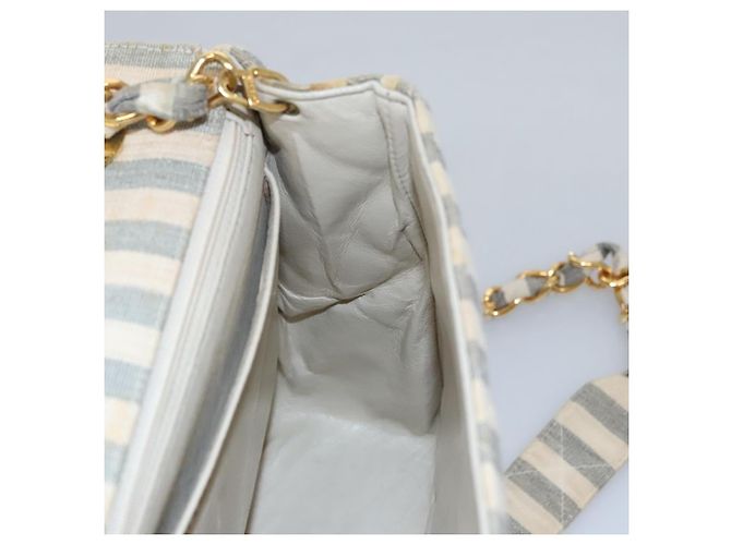 CHANEL Borsa a Spalla Matelassé Striata in Tela Bianca Grigia CC Auth 110304SAV Marrone Bianco - vista 25