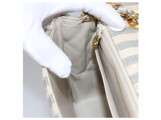 CHANEL Borsa a Spalla Matelassé Striata in Tela Bianca Grigia CC Auth 110304SAV Marrone Bianco - vista 26