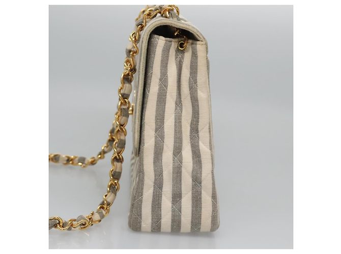 CHANEL Borsa a Spalla Matelassé Striata in Tela Bianca Grigia CC Auth 110304SAV Marrone Bianco - vista 4