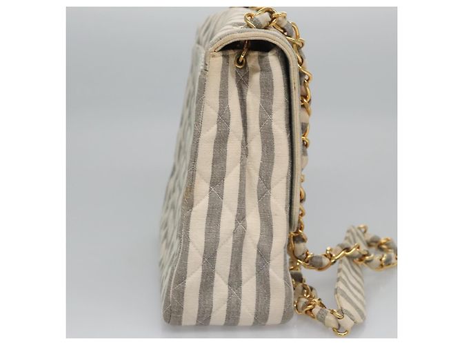CHANEL Borsa a Spalla Matelassé Striata in Tela Bianca Grigia CC Auth 110304SAV Marrone Bianco - vista 5