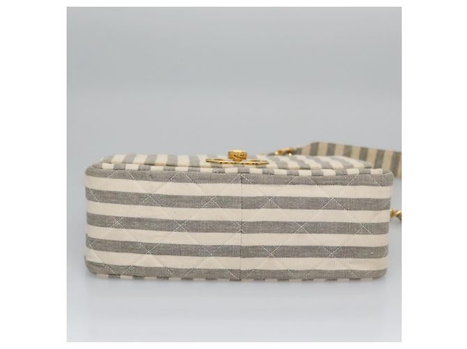 CHANEL Borsa a Spalla Matelassé Striata in Tela Bianca Grigia CC Auth 110304SAV Marrone Bianco - vista 6
