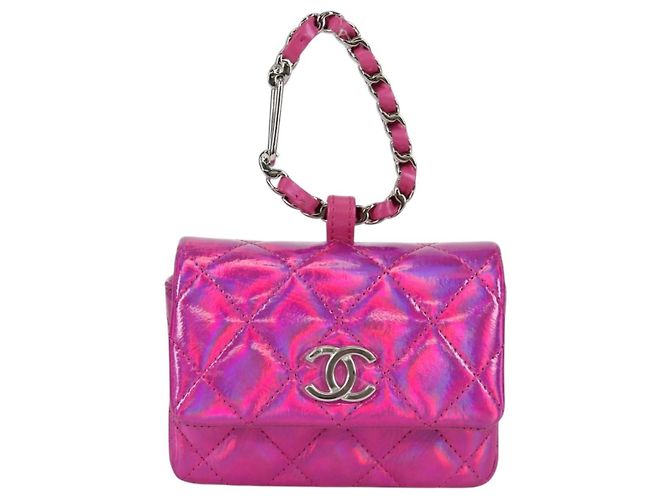 CHANEL Pochette Matelassé Pelle Verniciata Rosa Argento CC Auth bs29324SM - vista 13