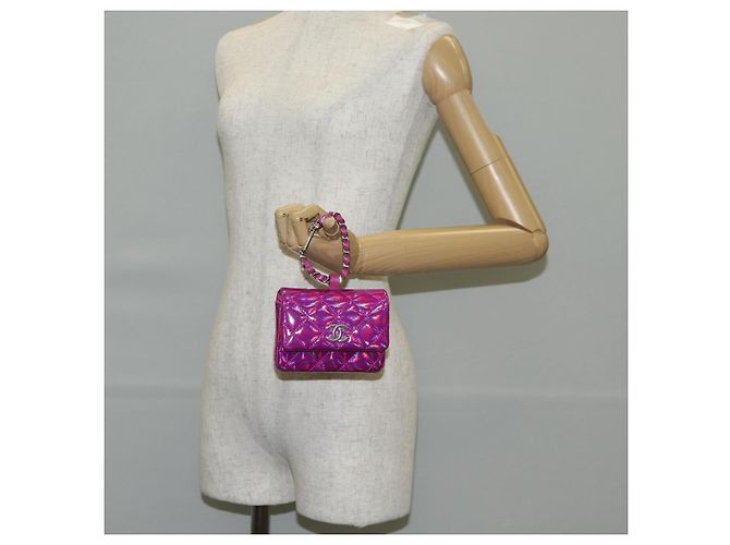 CHANEL Pochette Matelassé Pelle Verniciata Rosa Argento CC Auth bs29324SM - vista 23