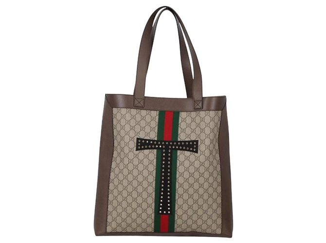 Borsa tote in PVC beige oro e rosso della linea Sherry GG Supreme di GUCCI Auth 135289SAM - vista 2