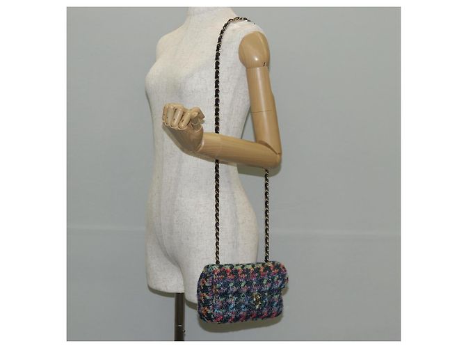 Borsa a Spalla con Catena CHANEL Tweed Blu Oro CC Auth 134856SM D'oro - vista 26