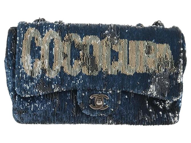 Borsa a Spalla CHANEL Paillettes Blu Argento CC Auth 138088SM - vista 13