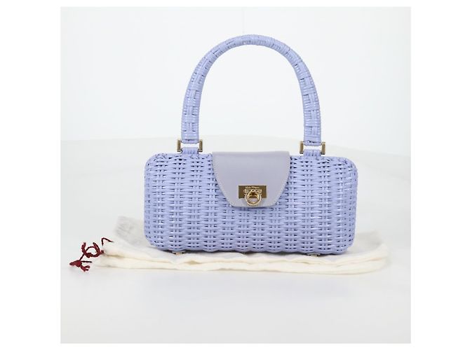 Borsa a mano Gancini in rattan viola e oro Auth 141146SAV di Salvatore Ferragamo - vista 12