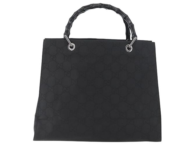 Bamboo GUCCI GG Canvas Bambus Handtasche Nylon Schwarz Silber 002 1010 Auth BSZ259 - Ansicht 13