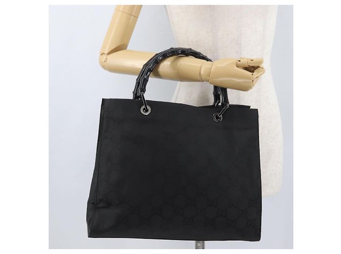 Bamboo GUCCI GG Canvas Bambus Handtasche Nylon Schwarz Silber 002 1010 Auth BSZ259 - Ansicht 26