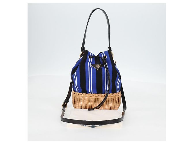 Borsa a mano in rattan PRADA in tela 2way blu oro 1BH115 Auth 138994SM D'oro - vista 12