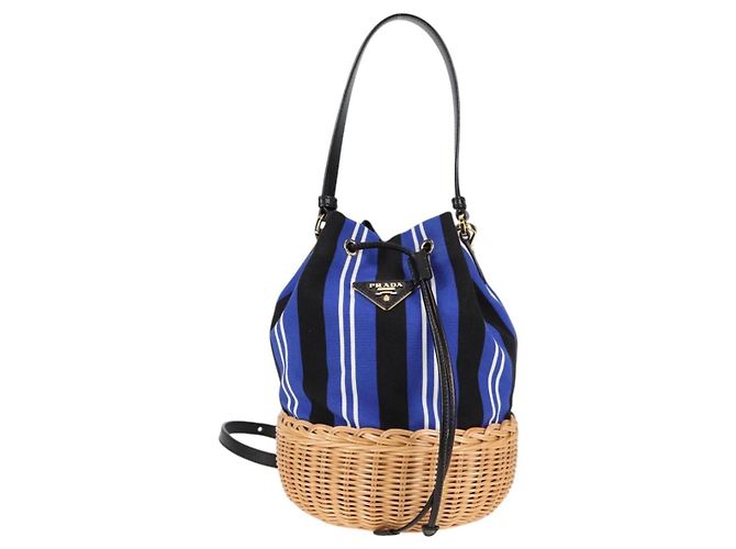 Borsa a mano in rattan PRADA in tela 2way blu oro 1BH115 Auth 138994SM D'oro - vista 13