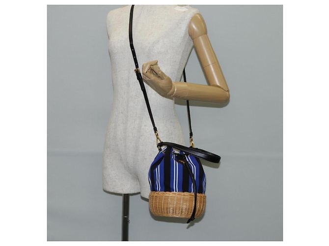 Borsa a mano in rattan PRADA in tela 2way blu oro 1BH115 Auth 138994SM D'oro - vista 24