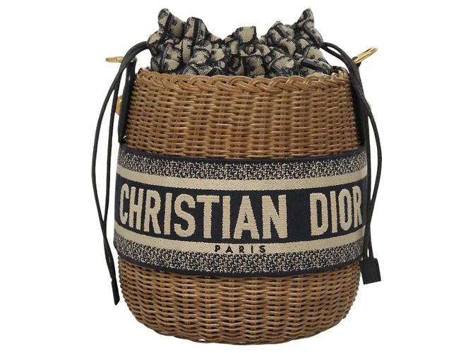 Borsa a Spalla in Vimini Oblique Christian Dior Rattan Blu Marino Marrone oro Auth BA1114SAM D'oro Blu navy - vista 14