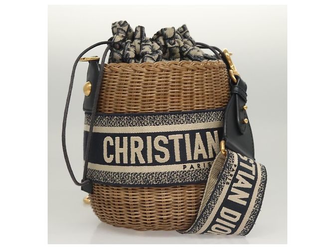 Borsa a Spalla in Vimini Oblique Christian Dior Rattan Blu Marino Marrone oro Auth BA1114SAM D'oro Blu navy - vista 21