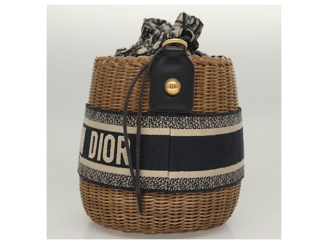 Borsa a Spalla in Vimini Oblique Christian Dior Rattan Blu Marino Marrone oro Auth BA1114SAM D'oro Blu navy - vista 3