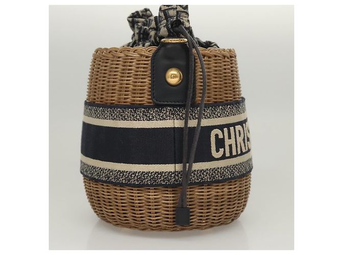Borsa a Spalla in Vimini Oblique Christian Dior Rattan Blu Marino Marrone oro Auth BA1114SAM D'oro Blu navy - vista 4