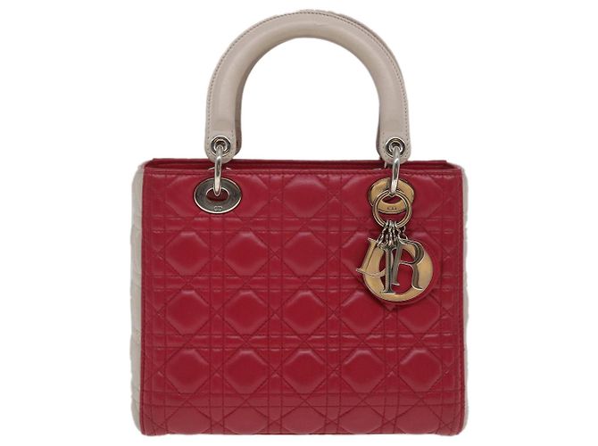 Christian Dior Borsa a mano media Lady Cannage in pelle di agnello rossa e bianca Auth 29502SAV Bianco Rosso - vista 13