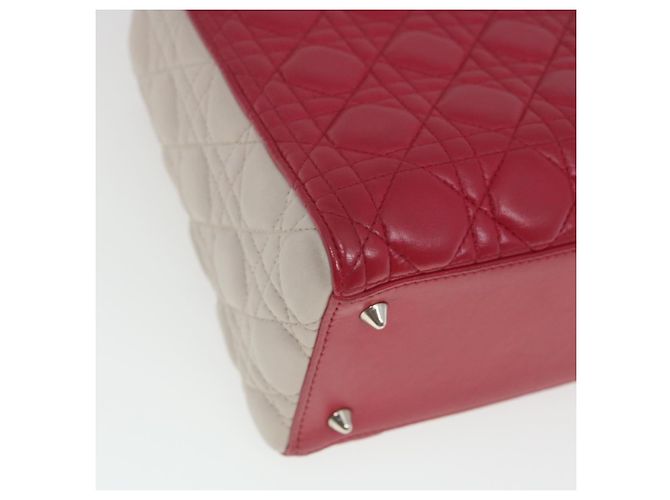Christian Dior Borsa a mano media Lady Cannage in pelle di agnello rossa e bianca Auth 29502SAV Bianco Rosso - vista 15