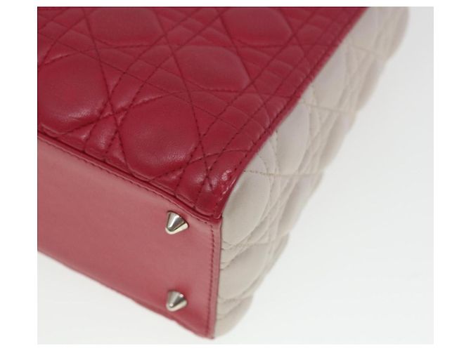 Christian Dior Borsa a mano media Lady Cannage in pelle di agnello rossa e bianca Auth 29502SAV Bianco Rosso - vista 16