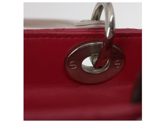 Christian Dior Borsa a mano media Lady Cannage in pelle di agnello rossa e bianca Auth 29502SAV Bianco Rosso - vista 19