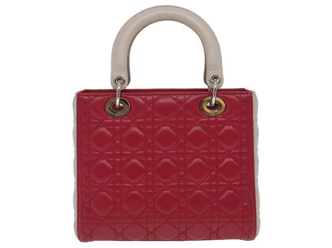 Christian Dior Borsa a mano media Lady Cannage in pelle di agnello rossa e bianca Auth 29502SAV Bianco Rosso - vista 2