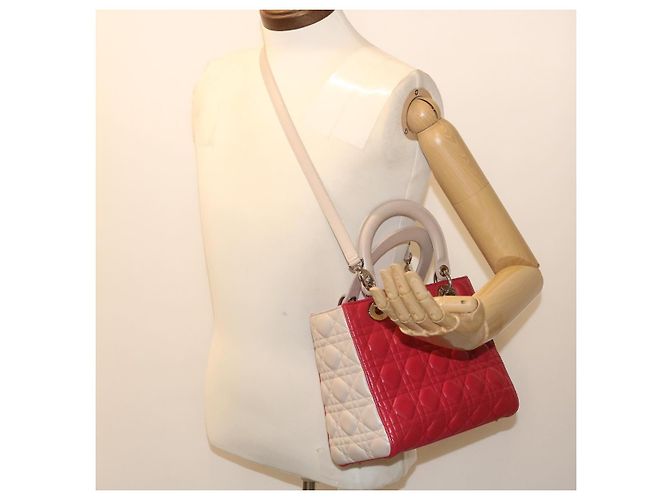 Christian Dior Borsa a mano media Lady Cannage in pelle di agnello rossa e bianca Auth 29502SAV Bianco Rosso - vista 26