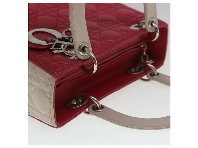 Christian Dior Borsa a mano media Lady Cannage in pelle di agnello rossa e bianca Auth 29502SAV Bianco Rosso - vista 6