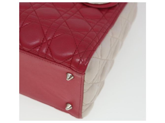 Christian Dior Borsa a mano media Lady Cannage in pelle di agnello rossa e bianca Auth 29502SAV Bianco Rosso - vista 8