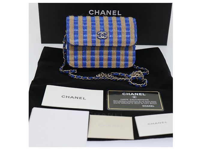 Borsa a Spalla con Catena CHANEL Raffia Blu Beige CC Auth 51139SV - vista 12