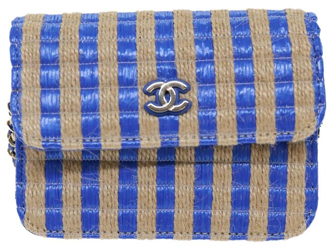 Borsa a Spalla con Catena CHANEL Raffia Blu Beige CC Auth 51139SV - vista 13