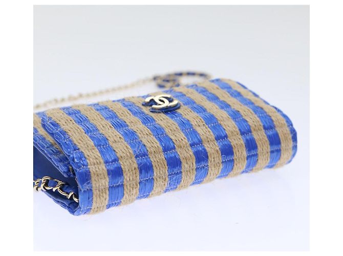 Borsa a Spalla con Catena CHANEL Raffia Blu Beige CC Auth 51139SV - vista 6