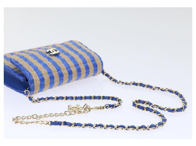 Borsa a Spalla con Catena CHANEL Raffia Blu Beige CC Auth 51139SV - vista 7