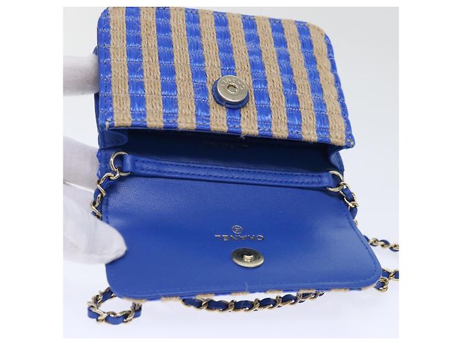 Borsa a Spalla con Catena CHANEL Raffia Blu Beige CC Auth 51139SV - vista 9