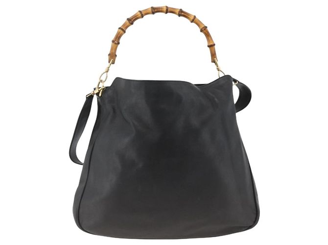 Borsa a Spalla in Pelle Gucci Bamboo 2way Nera Oro 001 1577 Auth gh2025 Nero D'oro - vista 13
