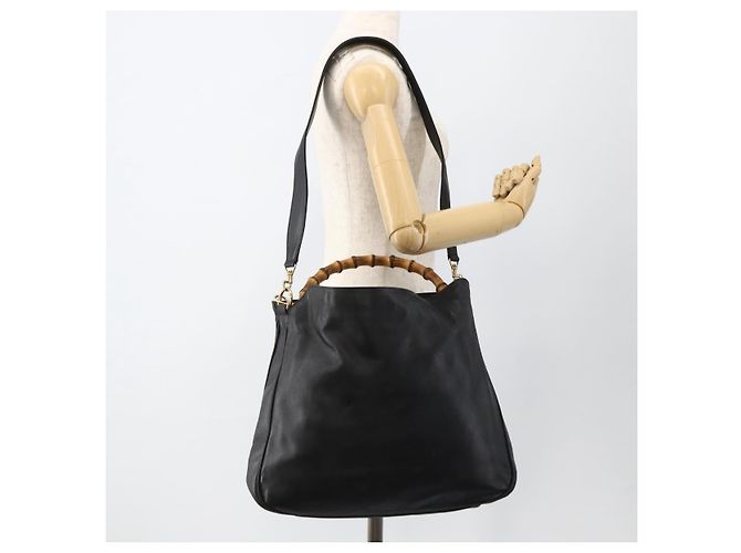 Borsa a Spalla in Pelle Gucci Bamboo 2way Nera Oro 001 1577 Auth gh2025 Nero D'oro - vista 23