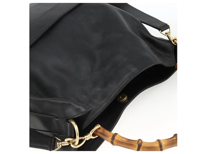 Borsa a Spalla in Pelle Gucci Bamboo 2way Nera Oro 001 1577 Auth gh2025 Nero D'oro - vista 6