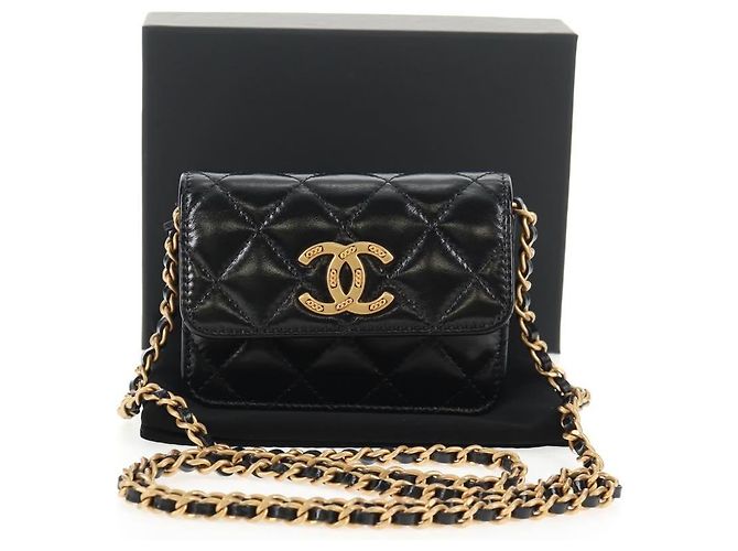 CHANEL Mini Borsa a Spalla Matelassé in Pelle di Vitello Nera Oro CC Auth 142563SAM Nero D'oro - vista 12