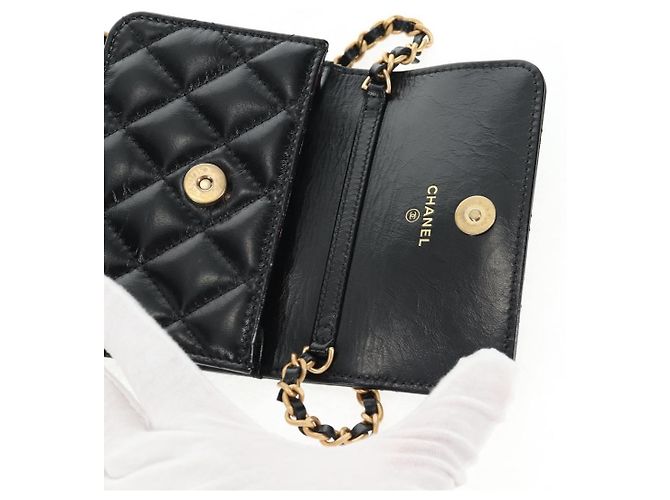 CHANEL Mini Borsa a Spalla Matelassé in Pelle di Vitello Nera Oro CC Auth 142563SAM Nero D'oro - vista 20