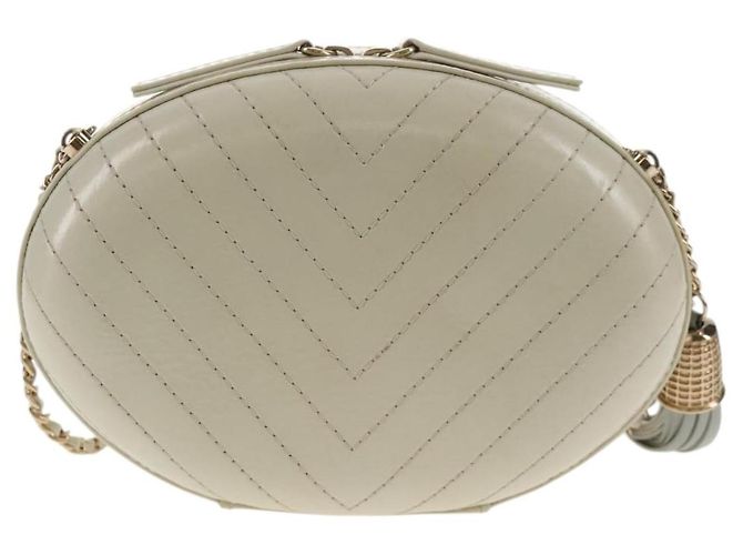 CHANEL Bolsa de Ombro em Couro V stitch com Corrente Branco Ouro CC Auth 146360SM Dourado - vista 2
