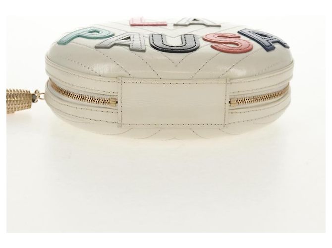 CHANEL Bolsa de Ombro em Couro V stitch com Corrente Branco Ouro CC Auth 146360SM Dourado - vista 5