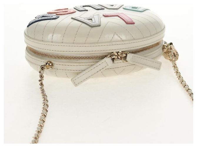 CHANEL Bolsa de Ombro em Couro V stitch com Corrente Branco Ouro CC Auth 146360SM Dourado - vista 6