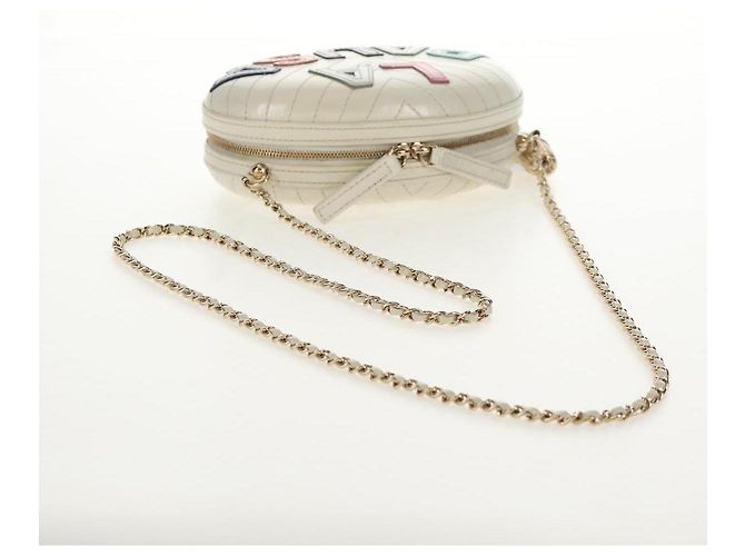 CHANEL Bolsa de Ombro em Couro V stitch com Corrente Branco Ouro CC Auth 146360SM Dourado - vista 7
