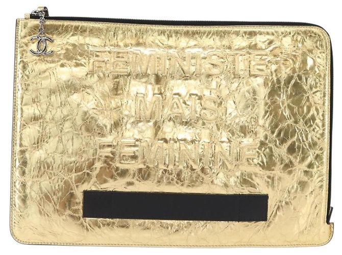 CHANEL Clutch in Pelle Oro CC Auth 152375SM D'oro - vista 13