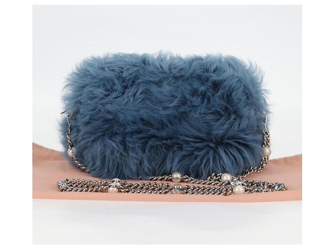 Bolsa de Ombro Miu Miu com Corrente de Pelo Azul Prata 5BD046 Auth 124300SAM - vista 12